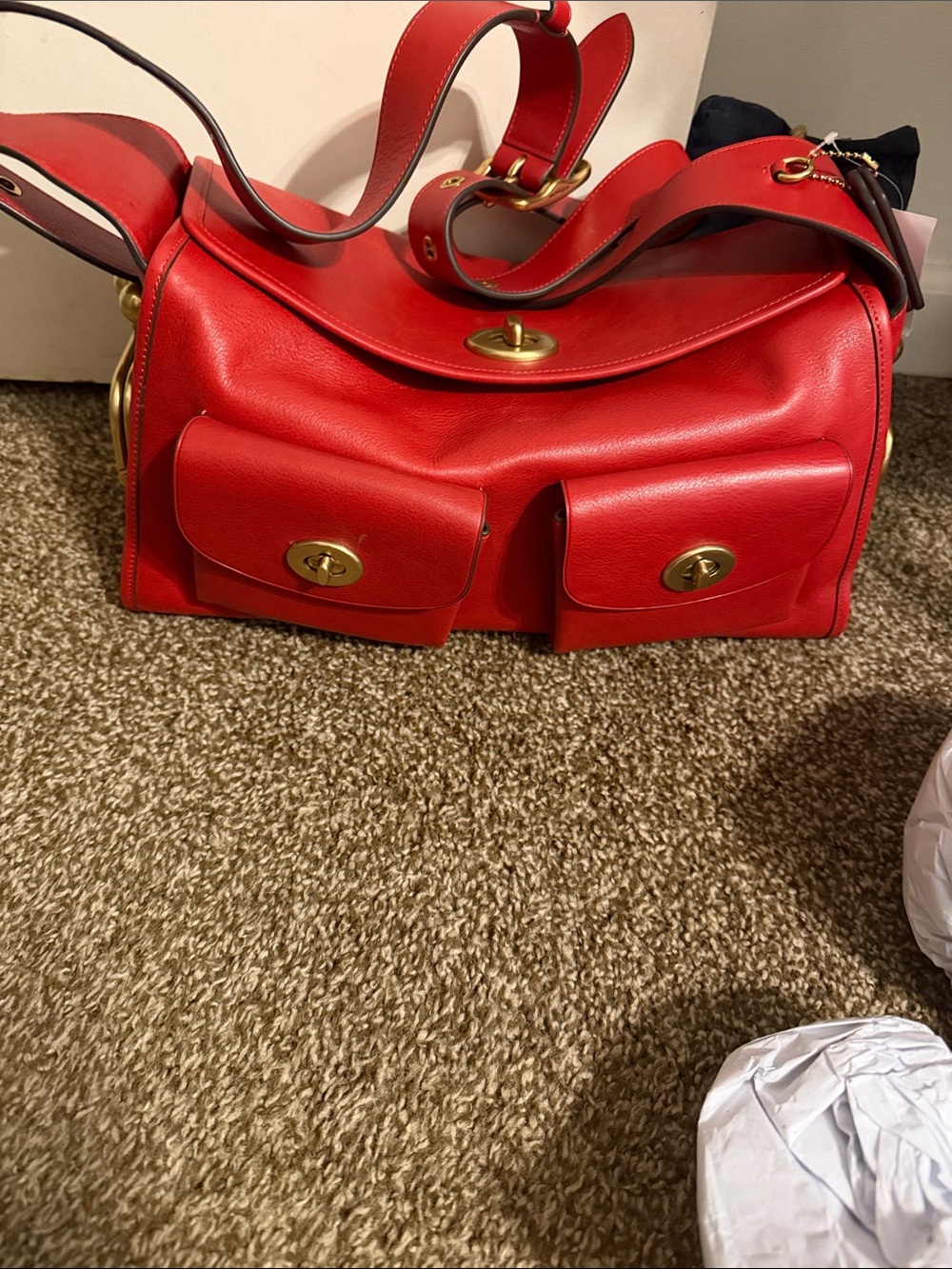 Red Leather Shoulder Bag with Front Pockets